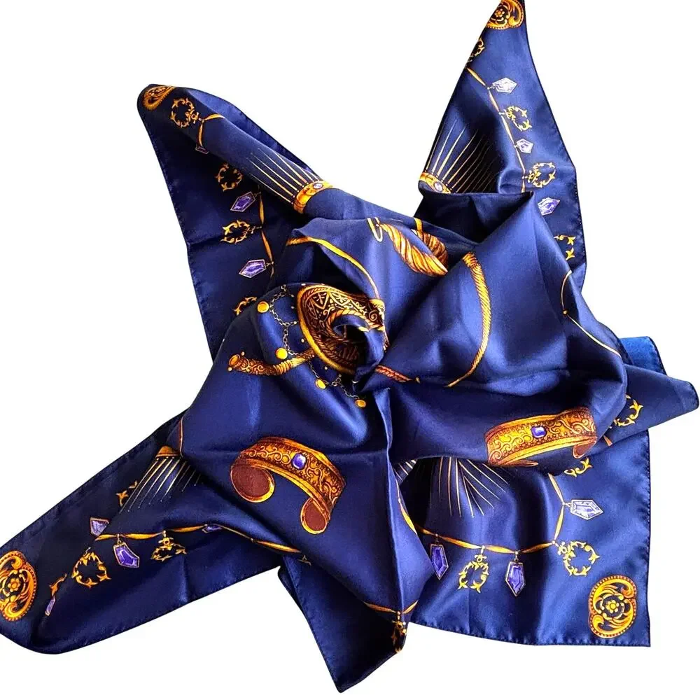 Royal blue & gold silky large square scarf tiaras jewelry gems motif rich luxury